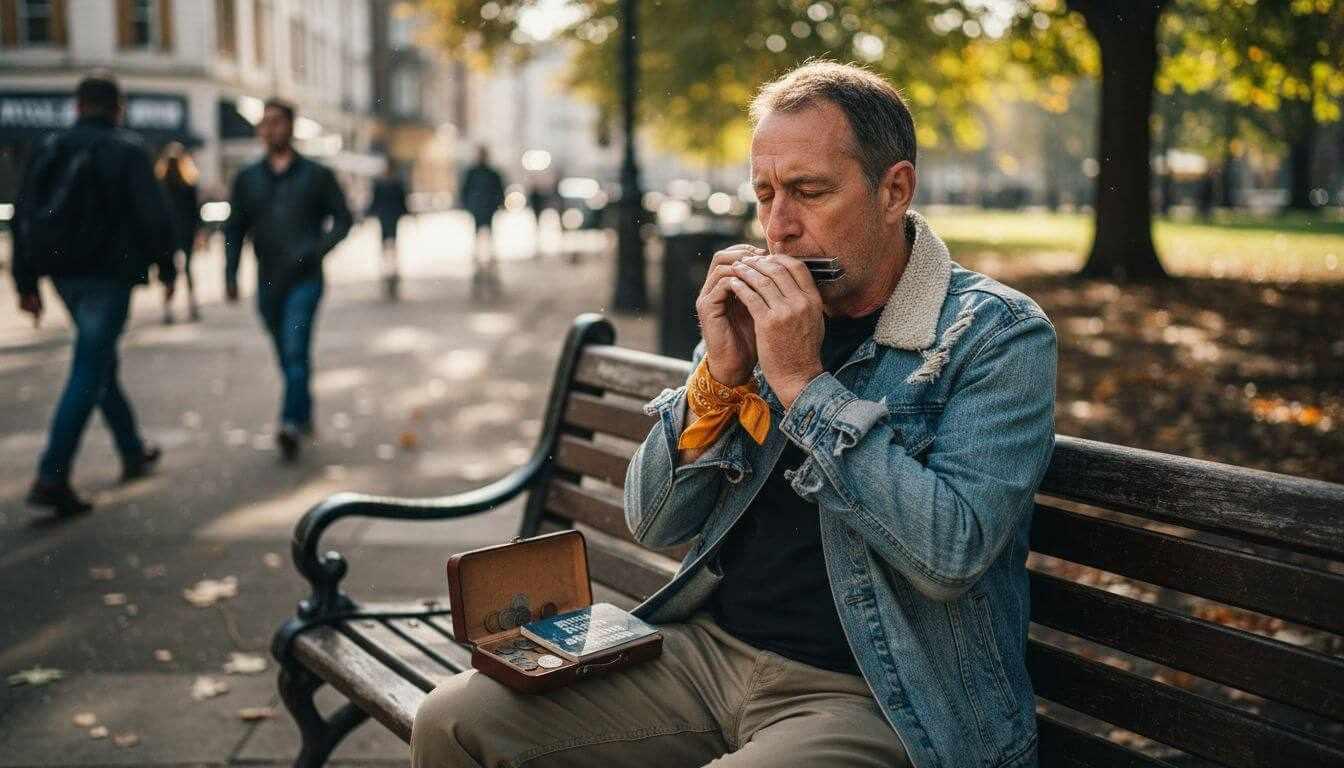 Blues harmonica player on city park bench