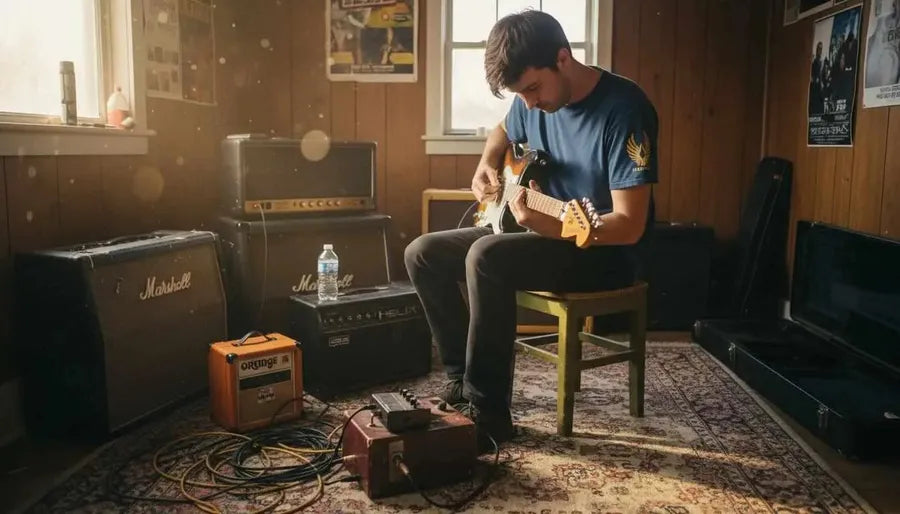 Guitarist tuning in studio surrounded by amps