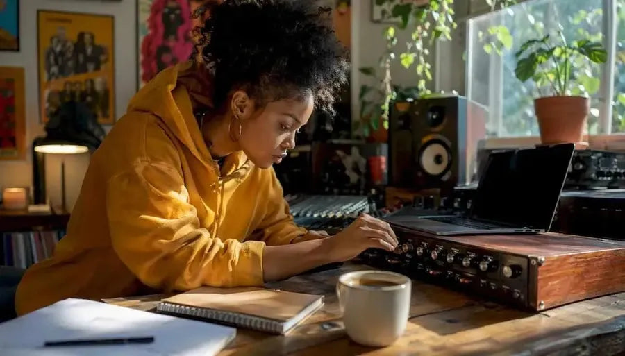Music producer adjusting reverb unit knobs