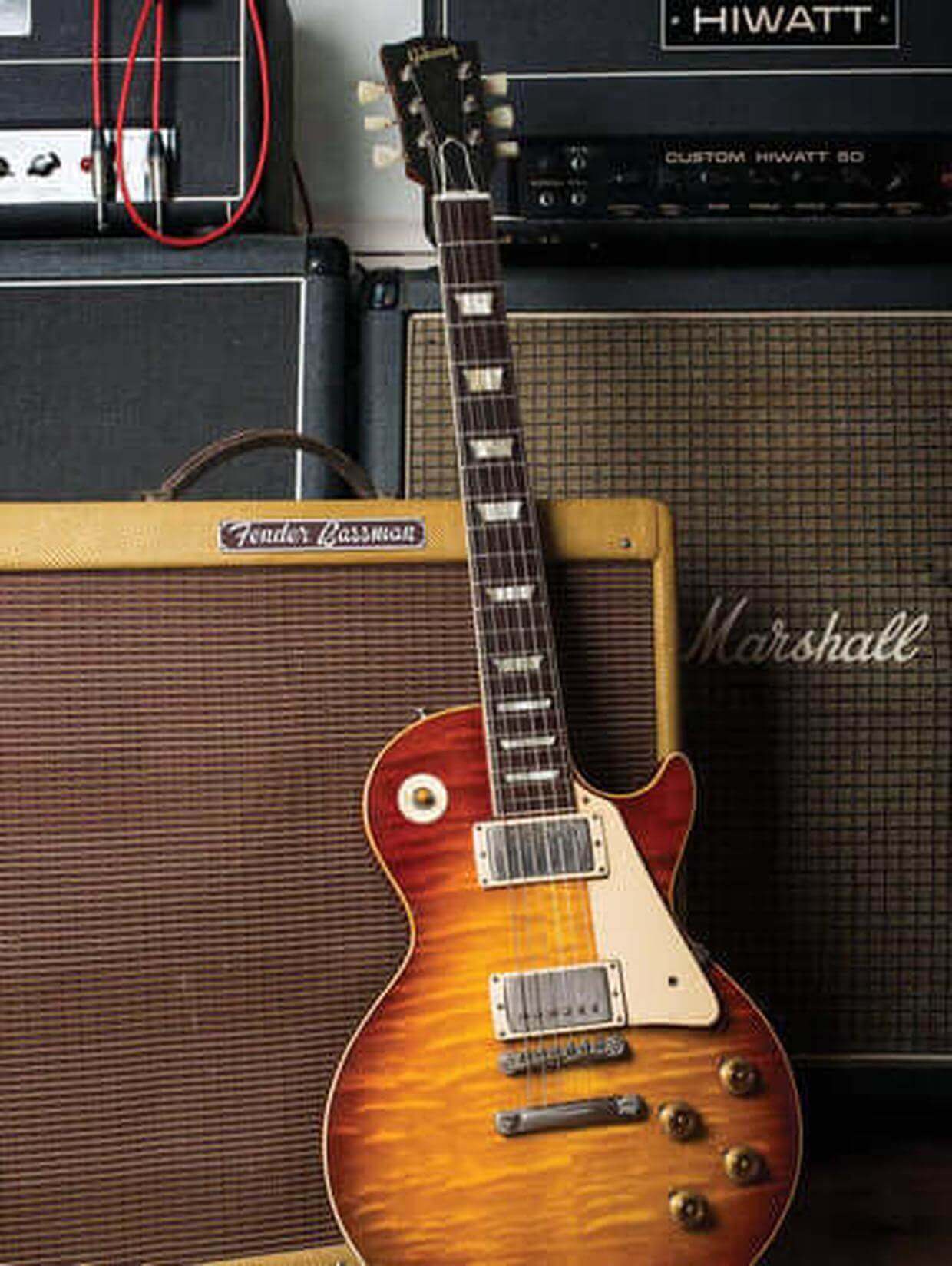 Gibson guitar in front of amplifiers demonstrating the best amplifiers for Gibson guitars for achieving perfect tone.