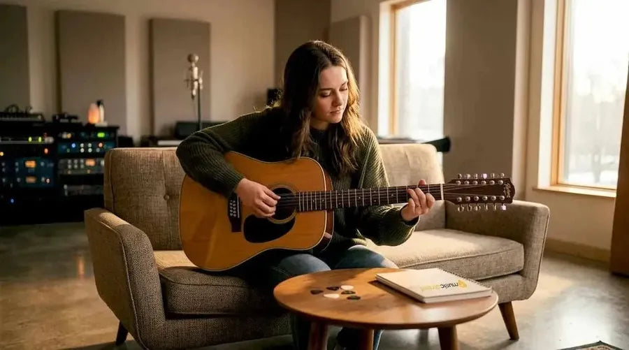 Woman playing 12-string guitar indoors