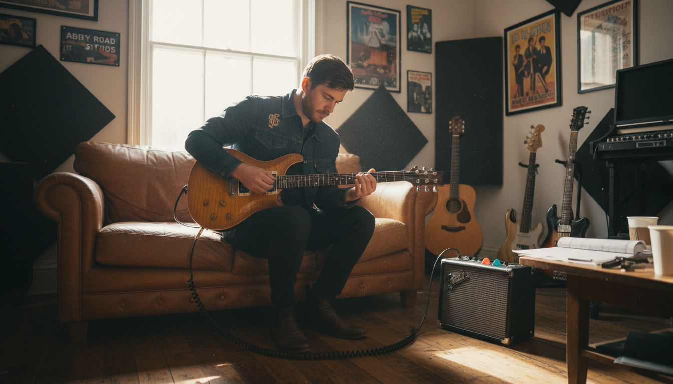 UK guitarist tuning PRS guitar in sunlit studio