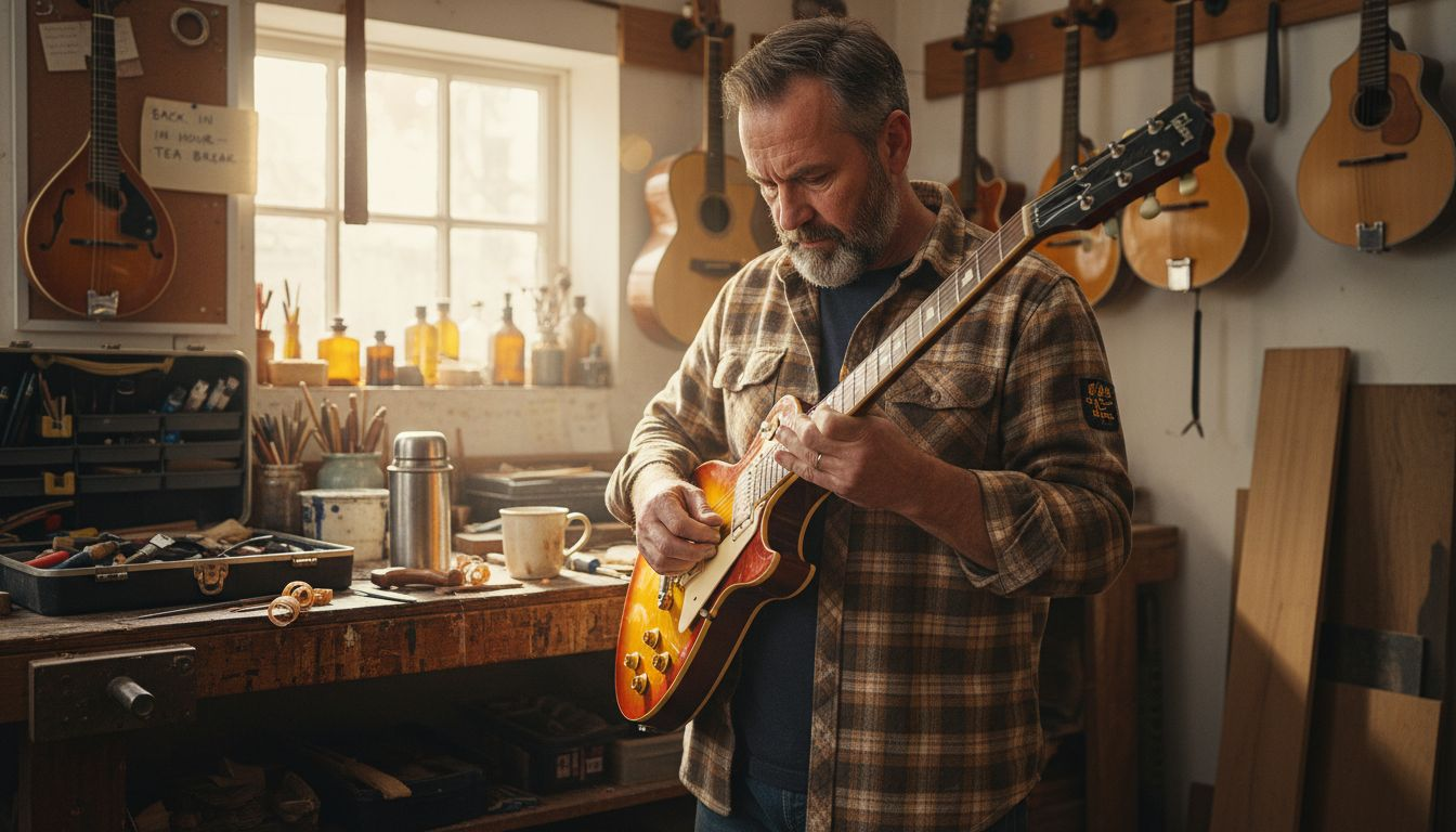 Luthier polishing custom finished guitar