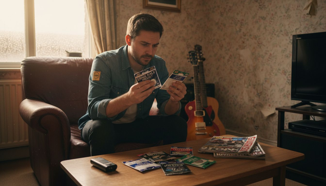 Guitarist choosing guitar strings in flat