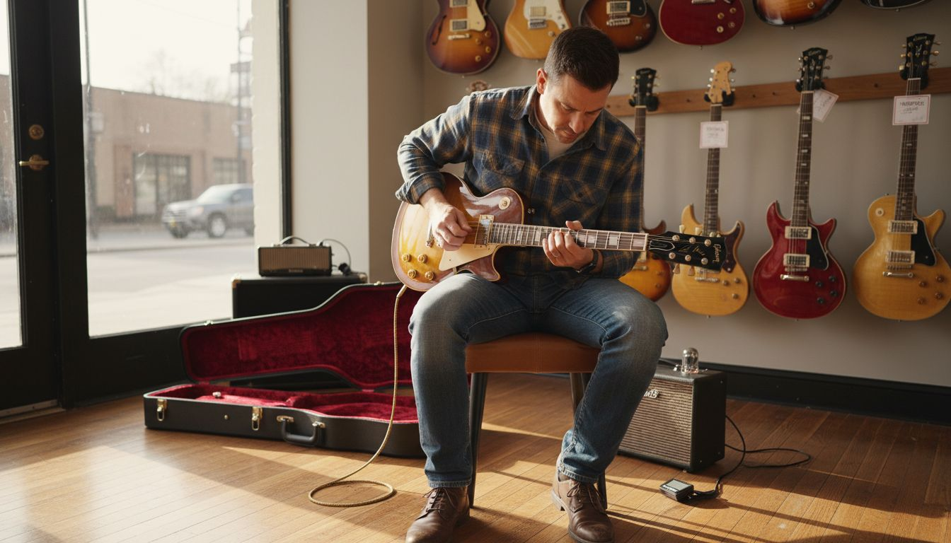 Advanced guitarist tries high-end guitar in shop
