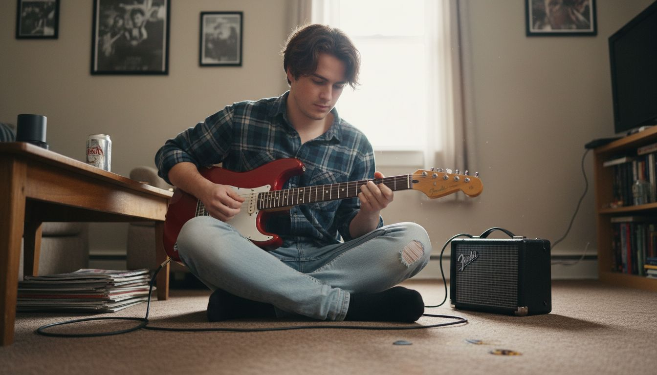 Beginner tuning solid body electric guitar