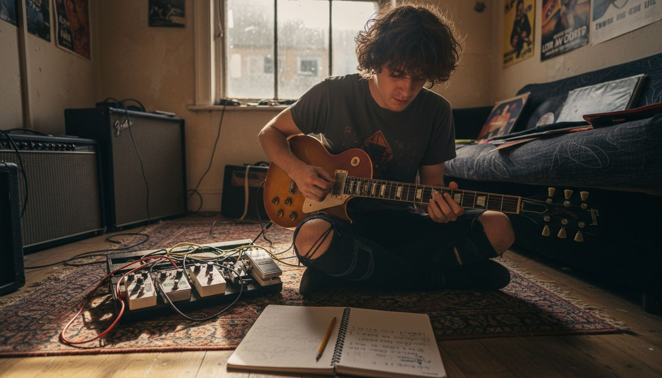 Guitarist adjusting controls in apartment