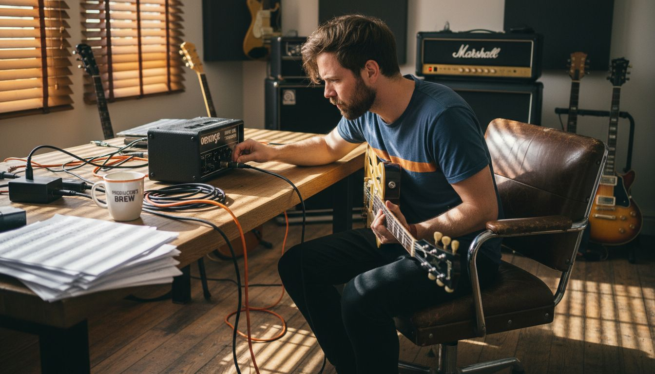 Guitarist adjusting preamp in studio