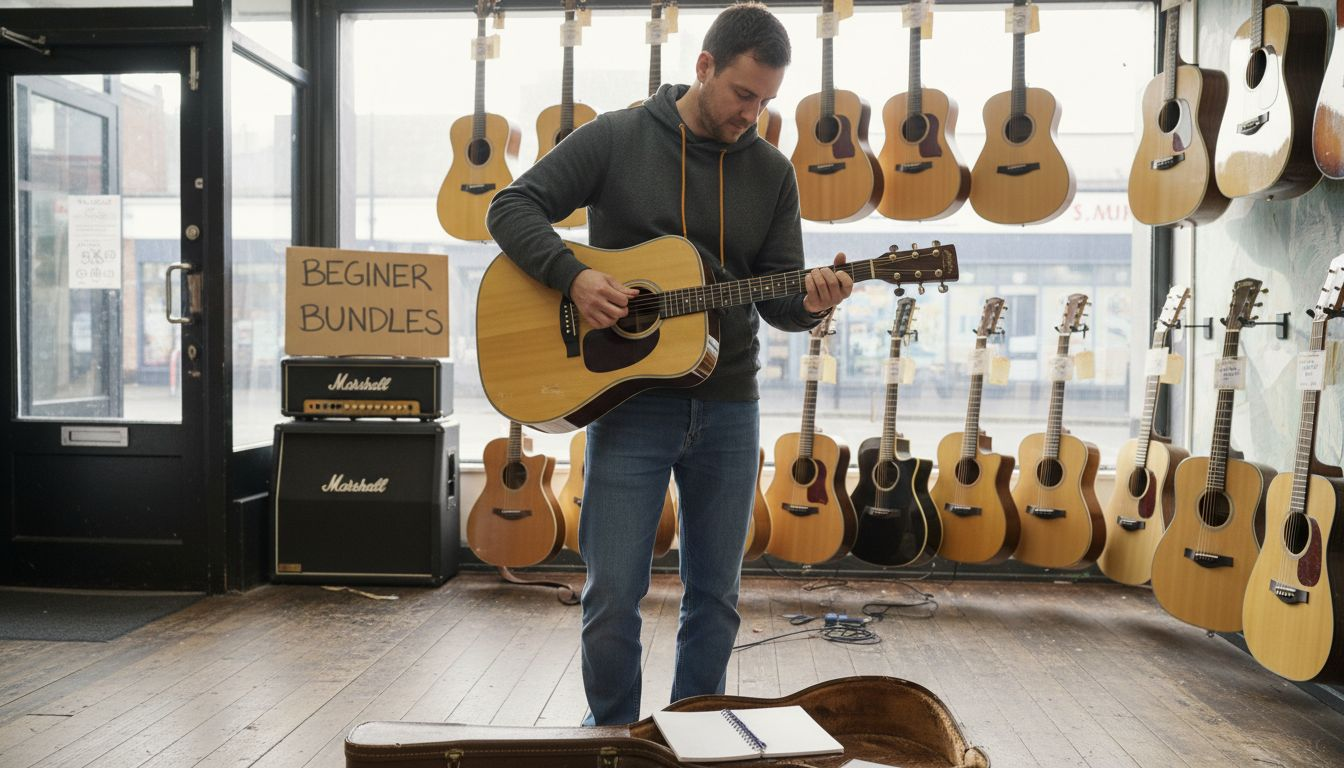 Guitar buyer examines guitar in UK music shop