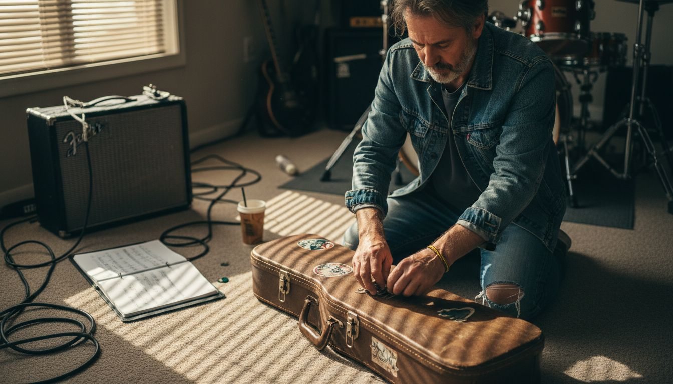 Musician securing guitar case in studio
