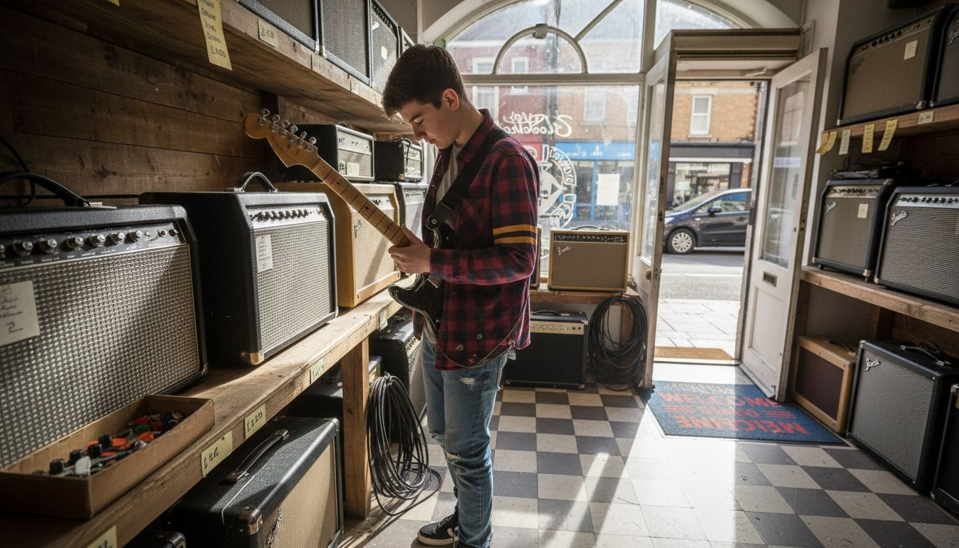 Beginner guitarist looking at amps in music shop