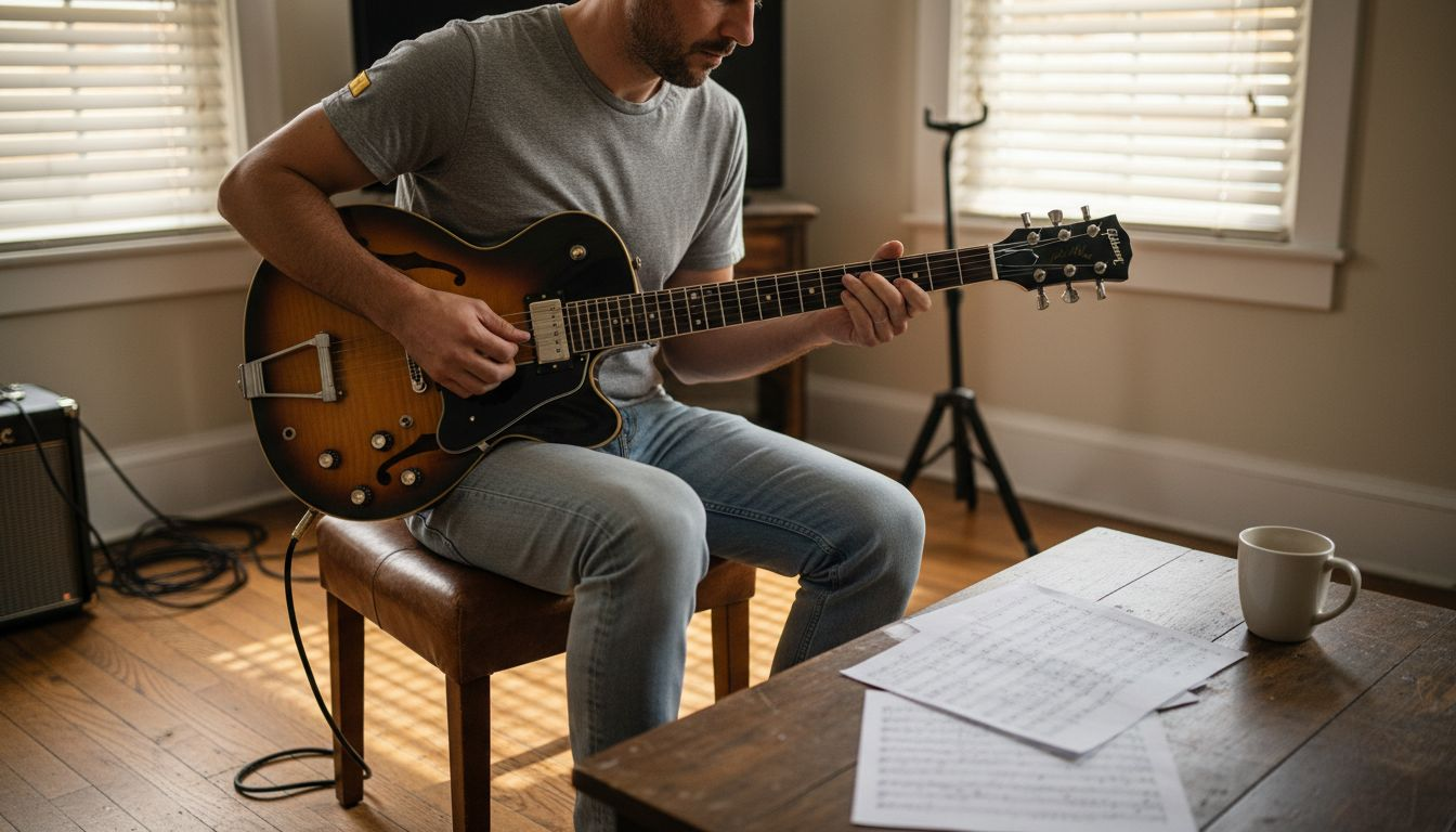 Guitarist playing chambered guitar in living room