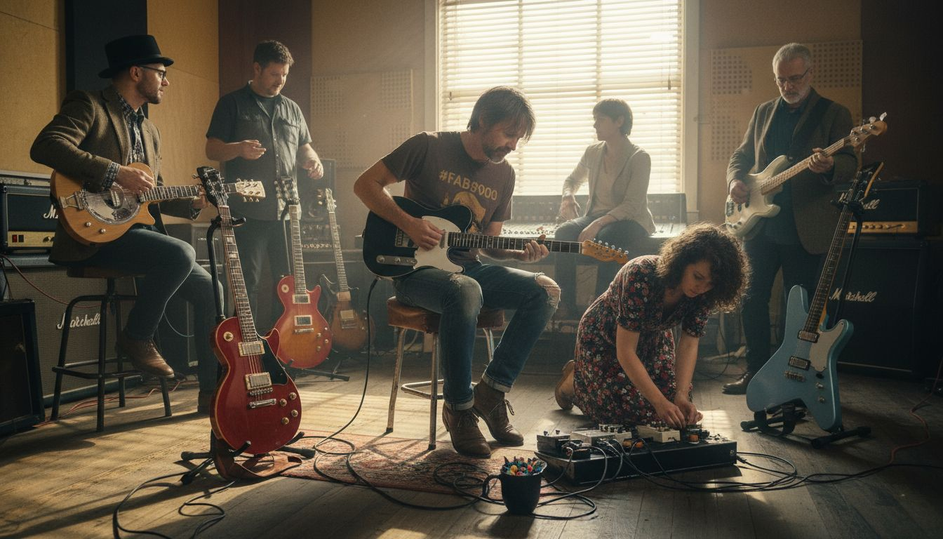 Seven famous guitarists practicing in studio