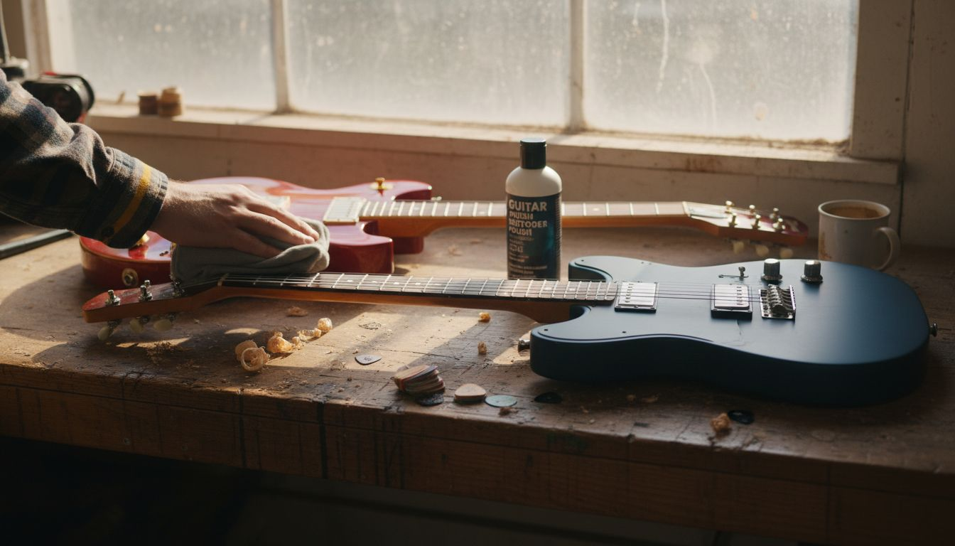 Electric guitars showing different finishes side by side