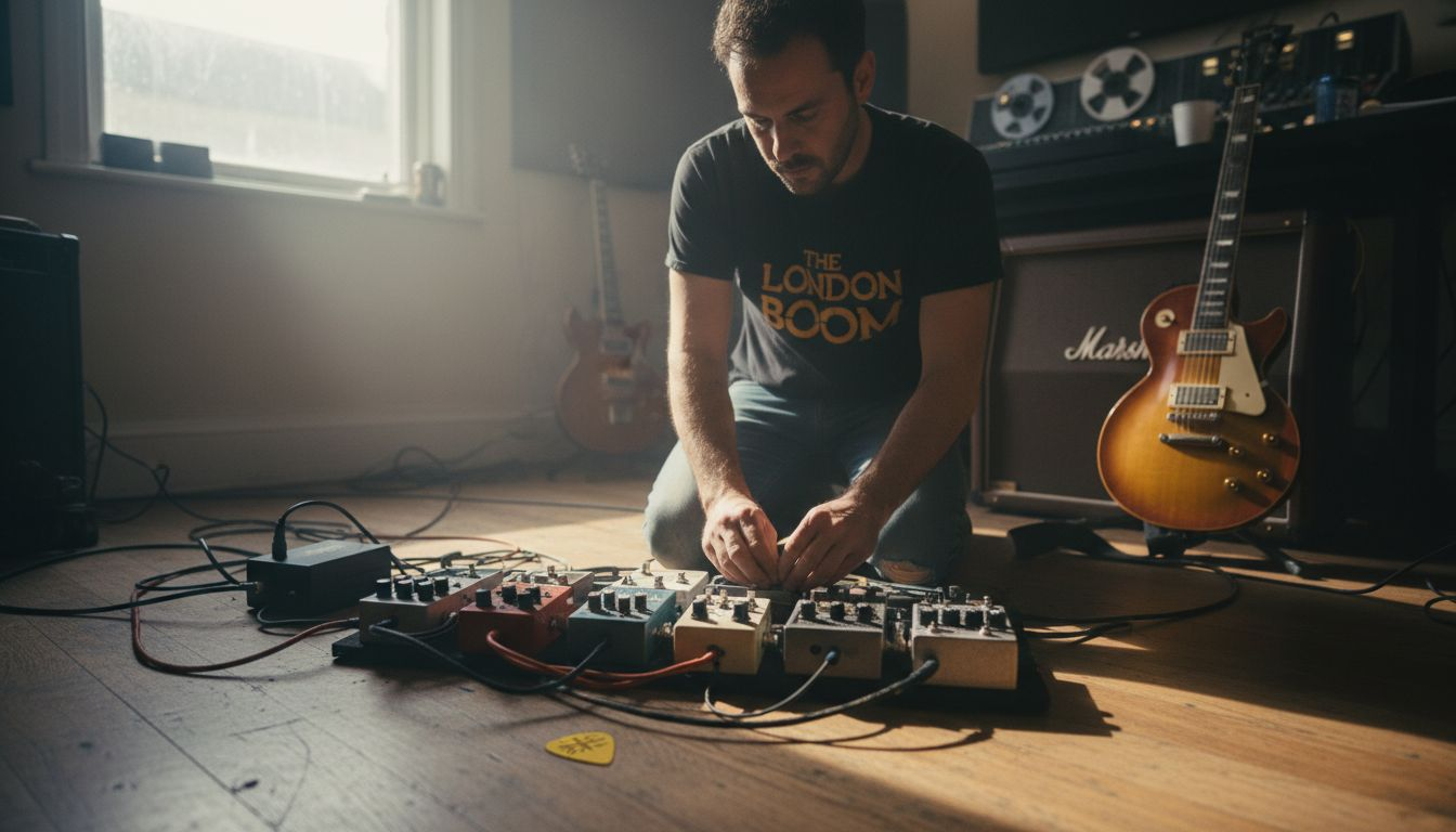 Guitarist adjusting pedals on studio floor