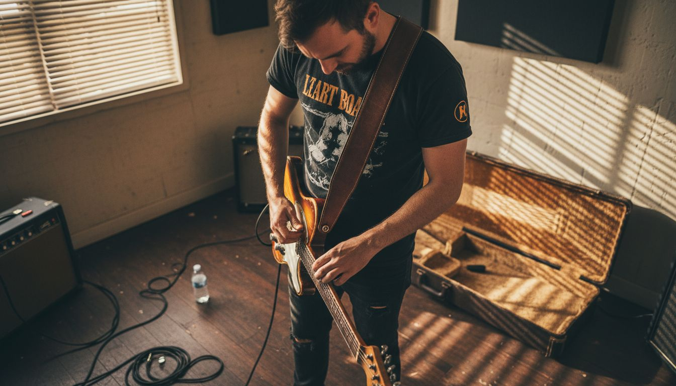 Guitarist adjusting wide padded guitar strap