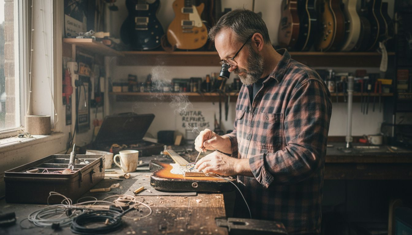 Luthier examining guitar in cluttered shop