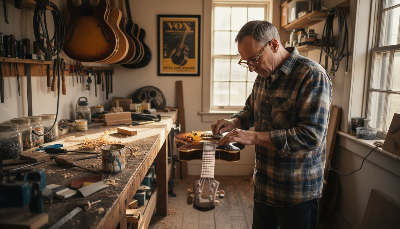 Luthier sanding custom guitar in workshop