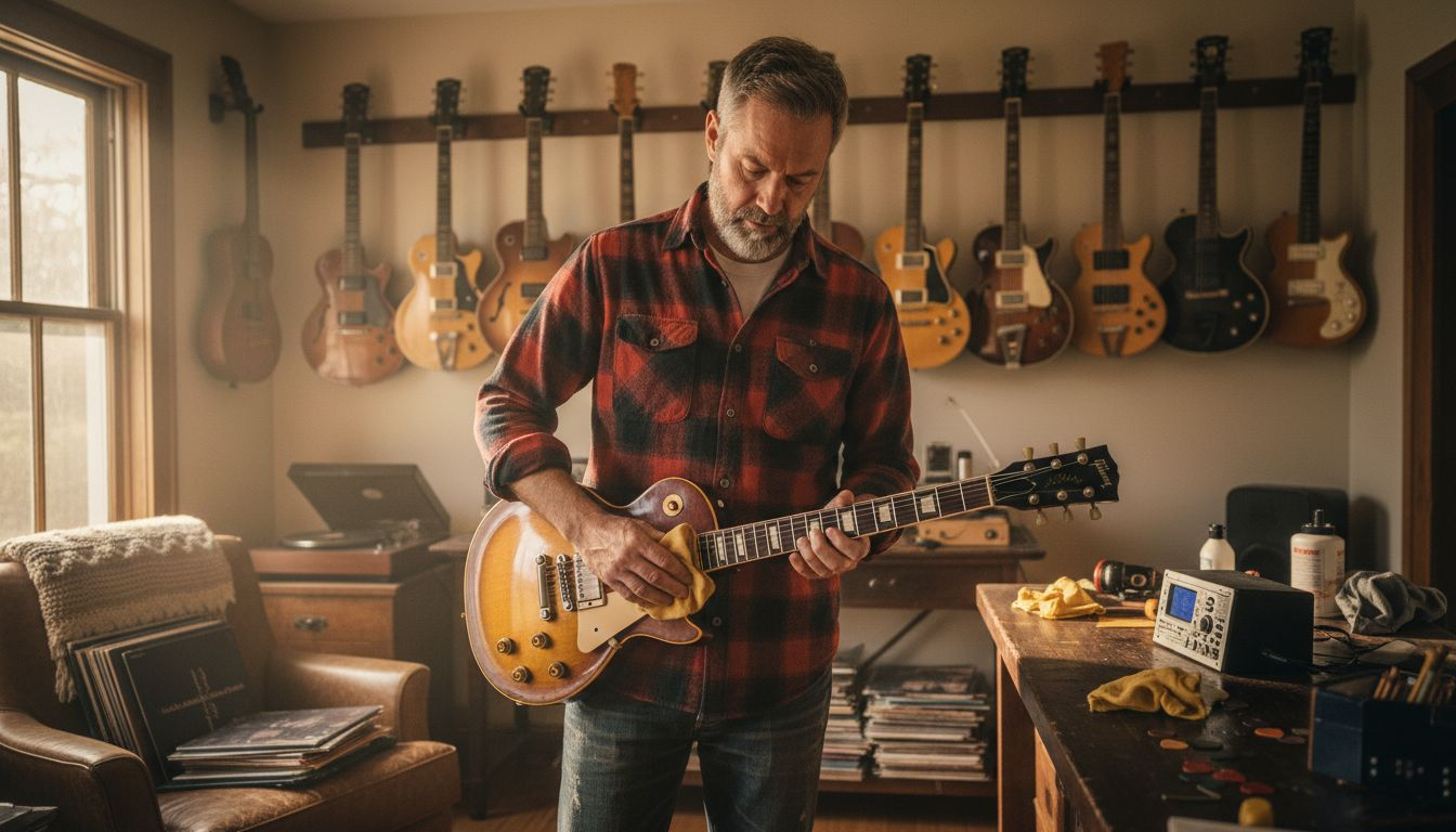 Musician in studio with rare vintage guitars