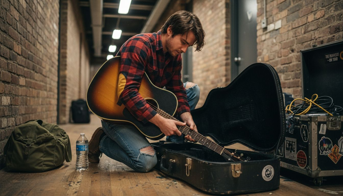 Musician packing guitar for travel