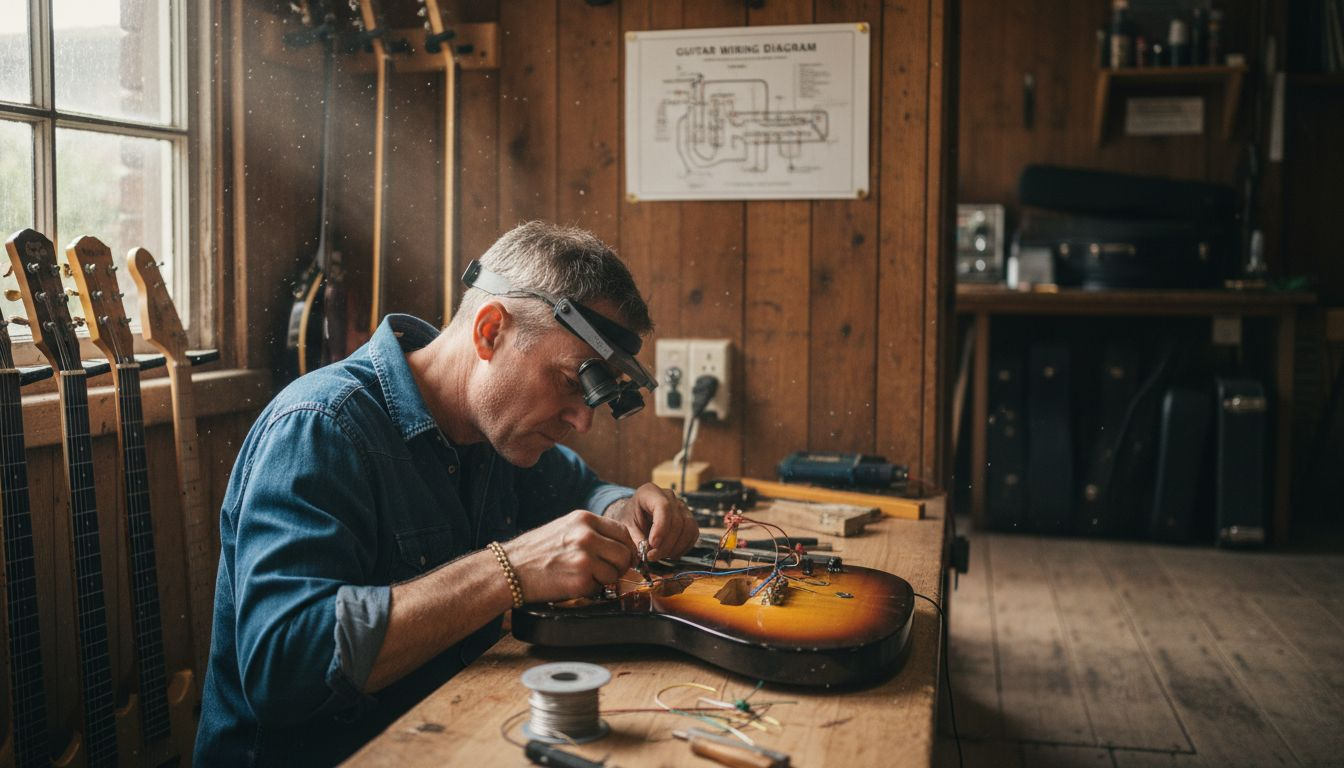 Luthier wiring electric guitar at bench