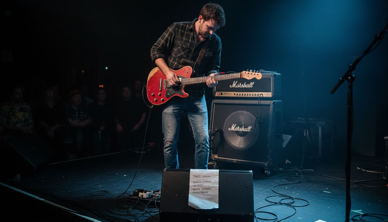 Guitarist adjusting amp and guitar onstage