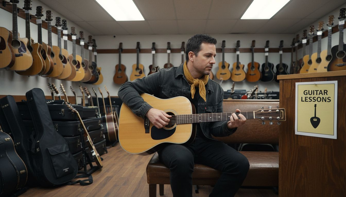 Guitarist comparing acoustic, classical, electric guitars