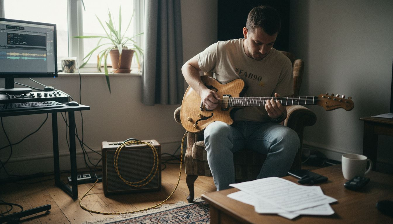 UK guitarist playing boutique guitar in home studio