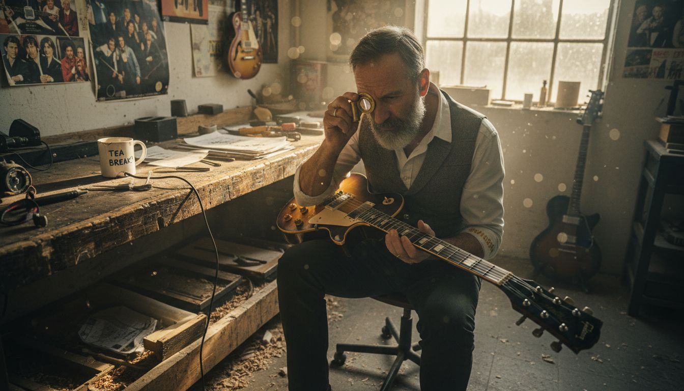 Luthier examining vintage guitar for appraisal