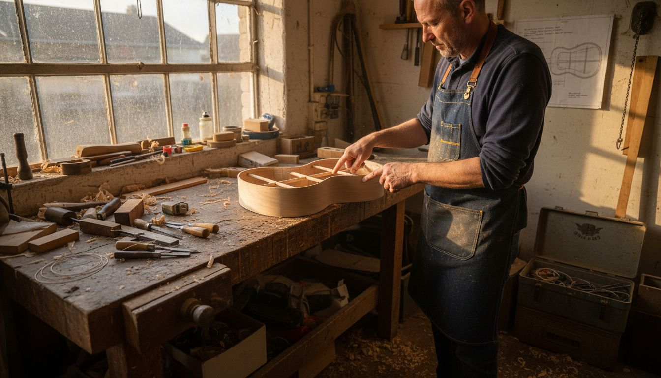 Luthier showing X-braced acoustic guitar interior
