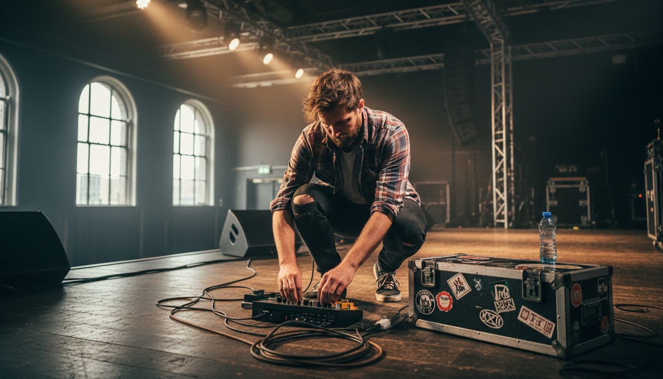Guitarist setting amp modeller on stage