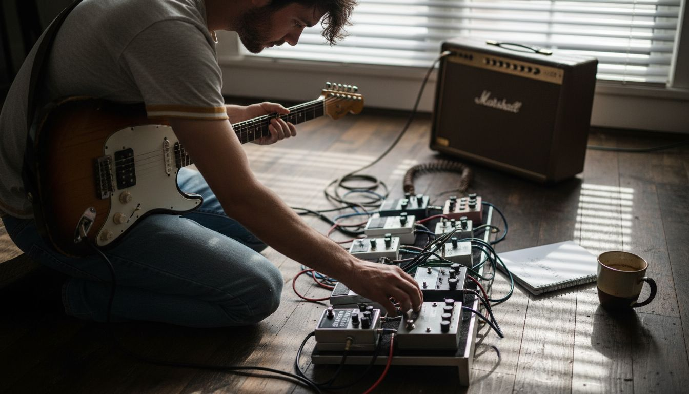 Guitarist adjusting pedalboard in home studio
