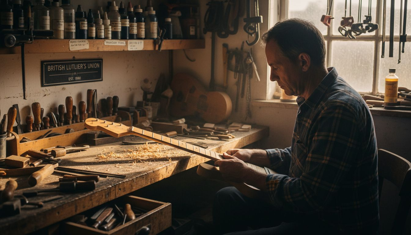 Luthier sanding custom guitar neck in workshop