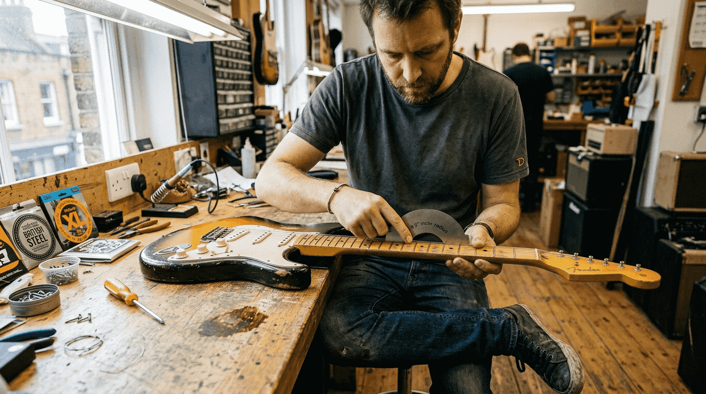 Technician measuring guitar fretboard radius