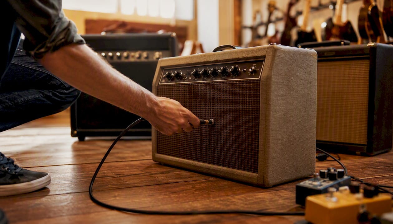 Hand plugging guitar cable into various amps