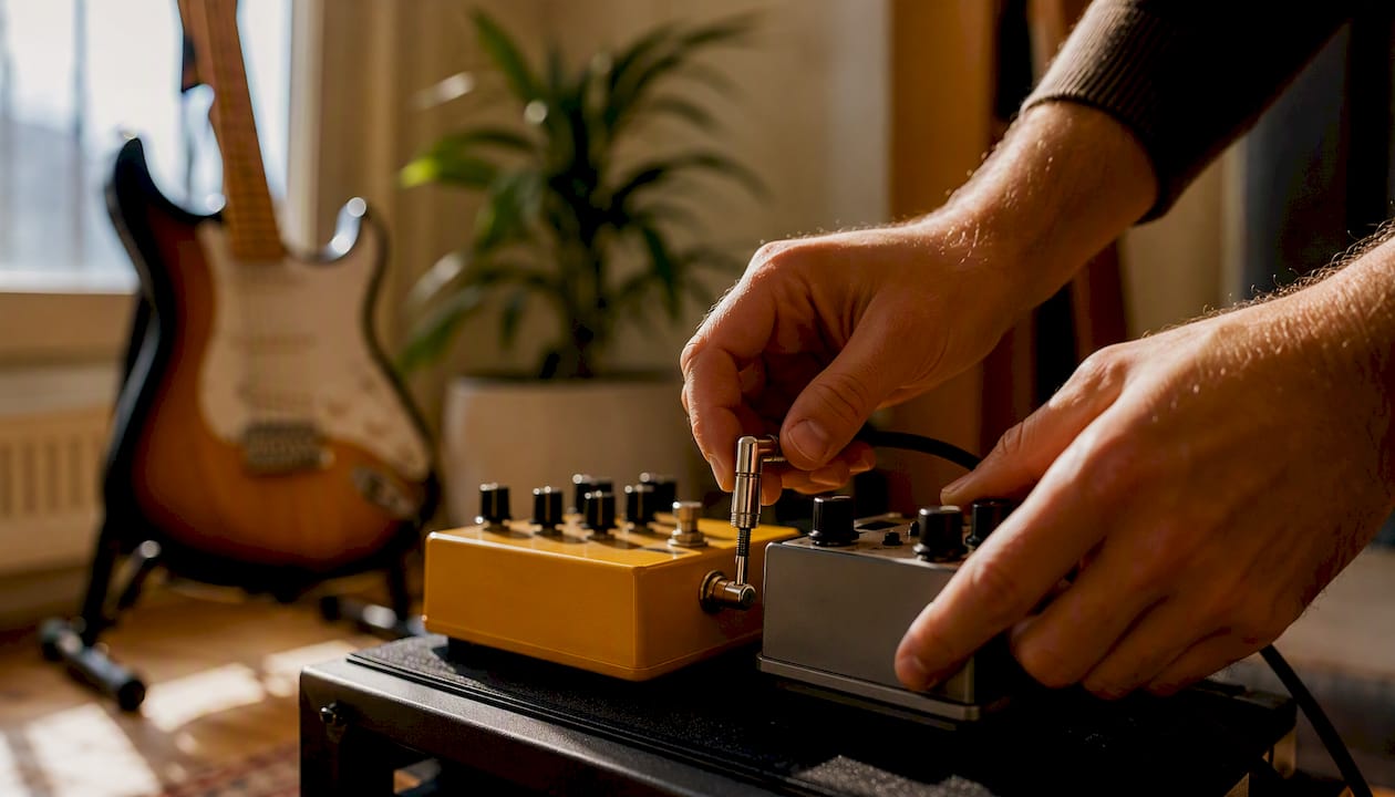 Hands plugging patch cord between pedals