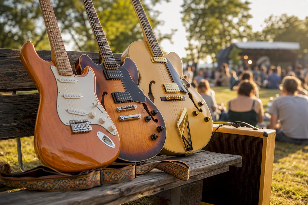 Three electric guitar body styles close-up