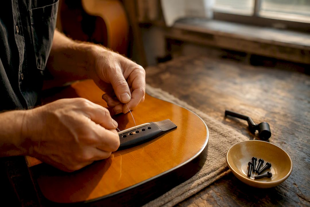 Hands stringing acoustic guitar bridge