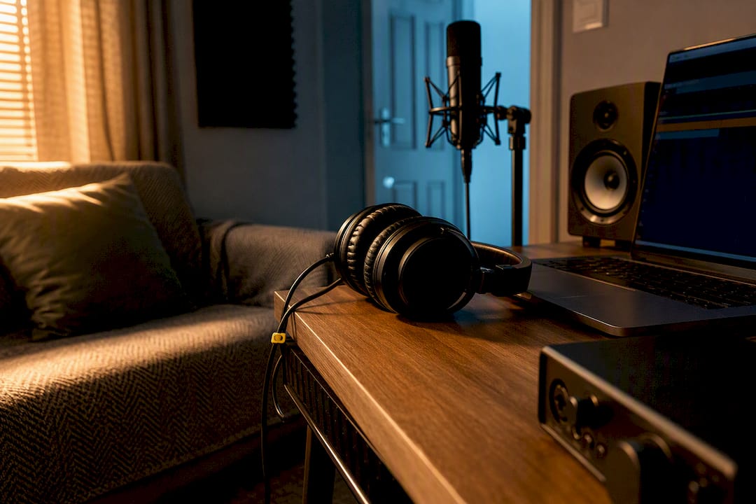 Compact home recording studio in spare bedroom