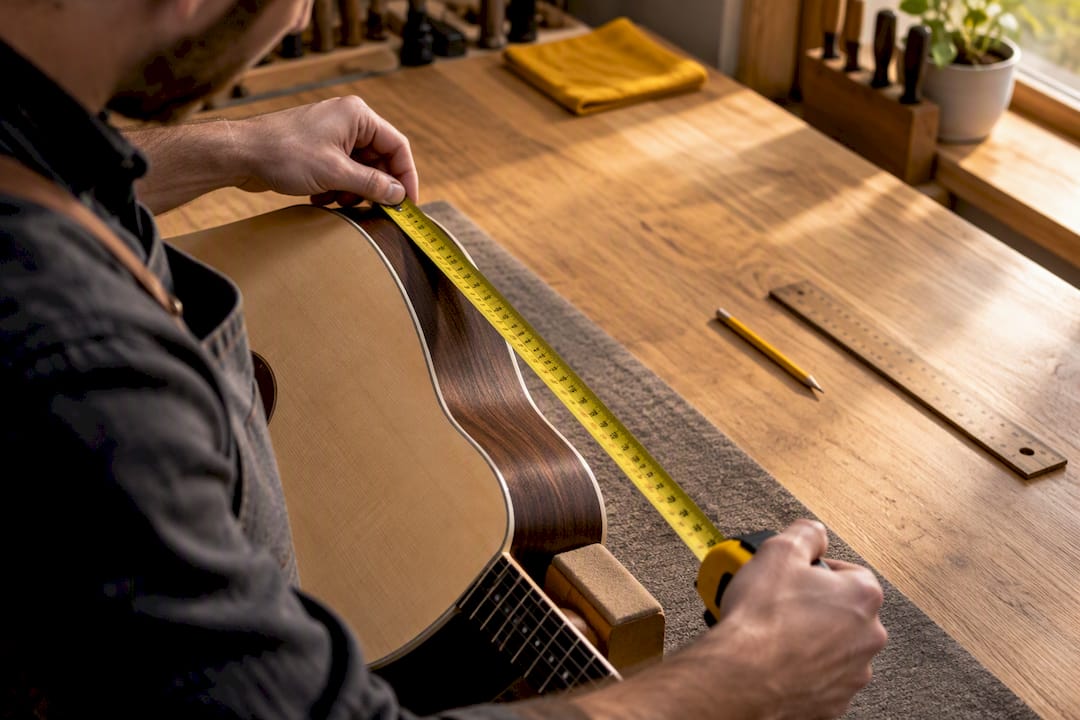Technician measuring acoustic guitar dimensions