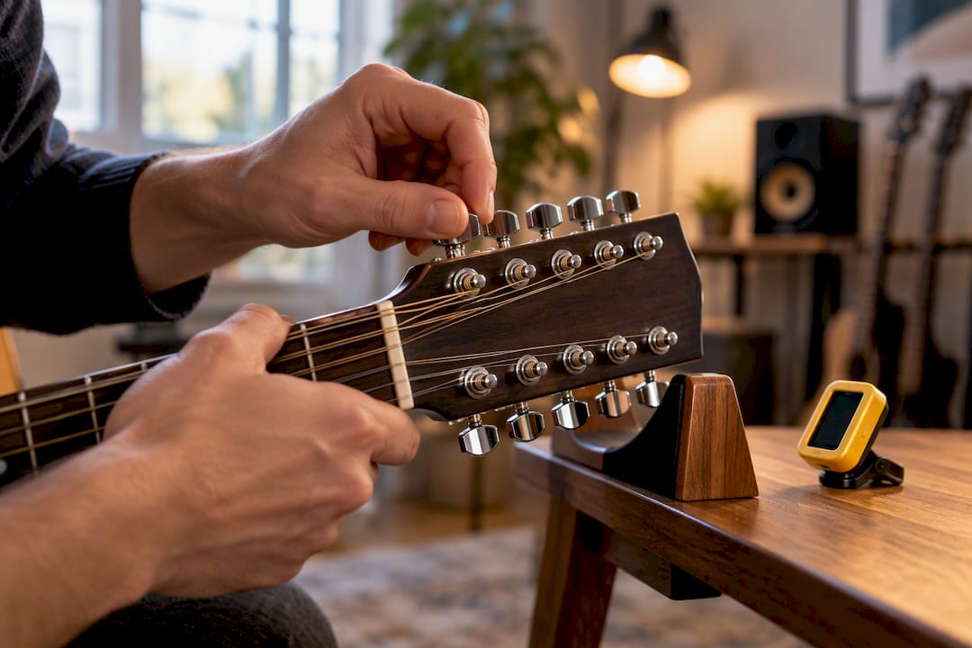 Hands tuning paired 12-string guitar strings