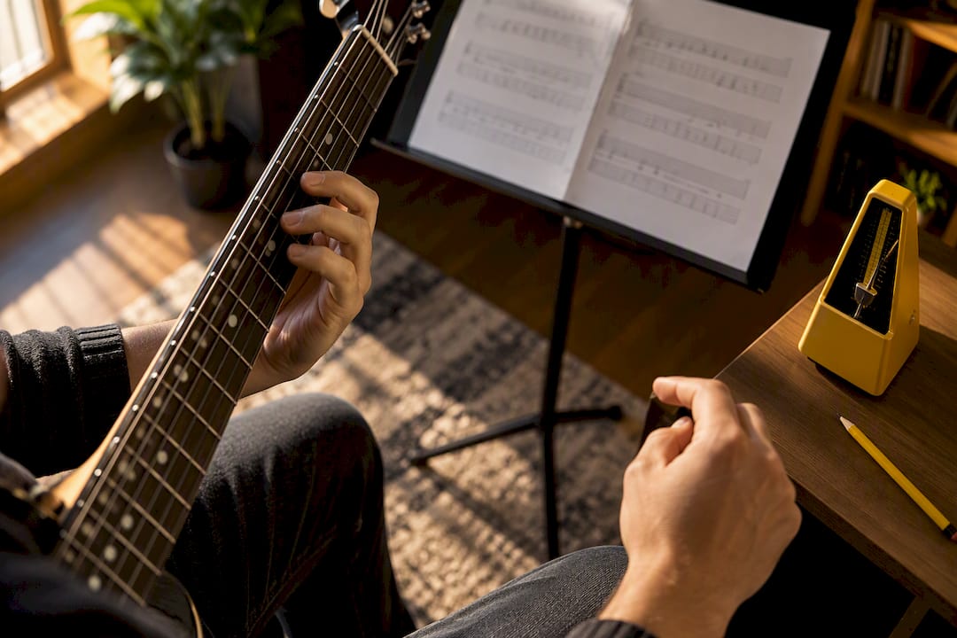 Guitarist matching tab with playing rhythm