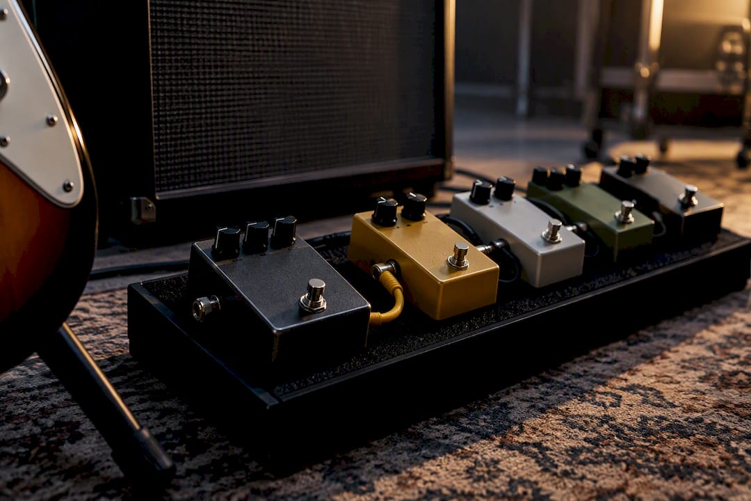 Anonymous pedal chain beside guitar edge