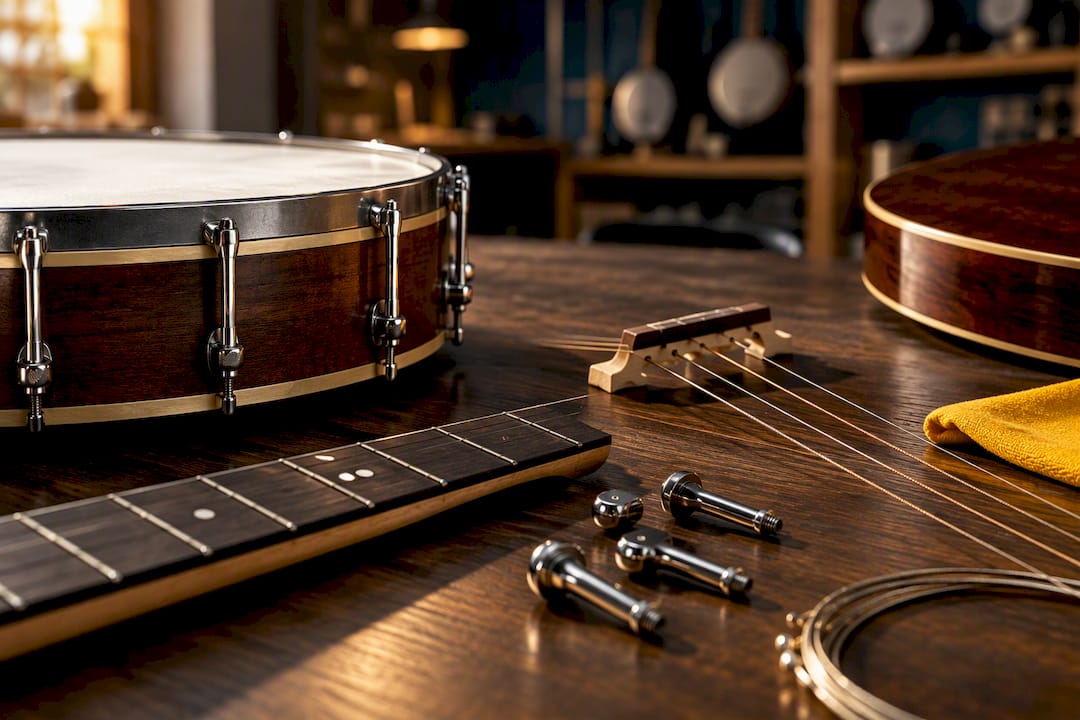 Close-up of banjo construction details