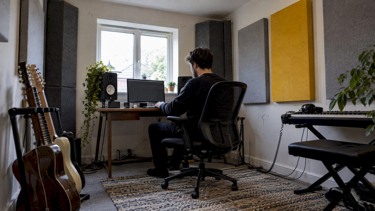 Small home studio with acoustic treatment