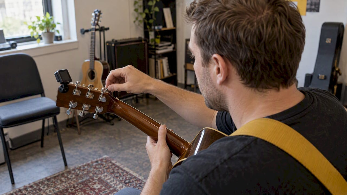 Guitarist retuning an acoustic guitar to open tuning