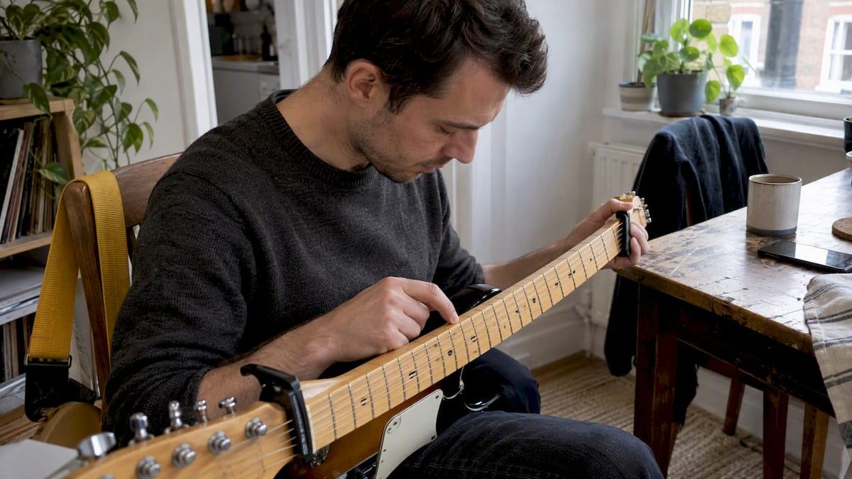 Guitarist checking electric guitar neck relief