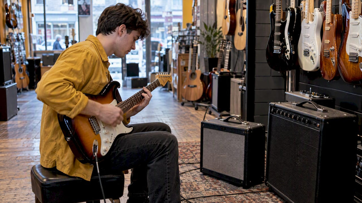 Beginner testing a guitar amp in a shop