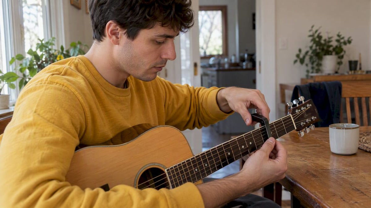 Beginner fitting a capo behind a guitar fret