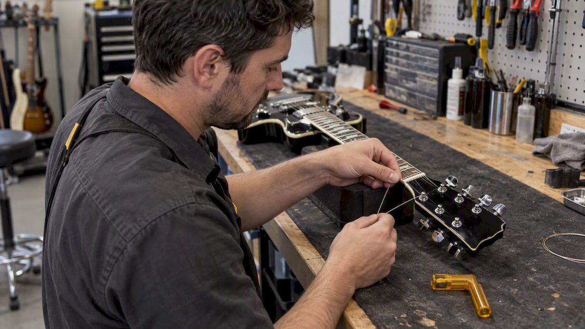 Technician restringing a guitar with locking tuners